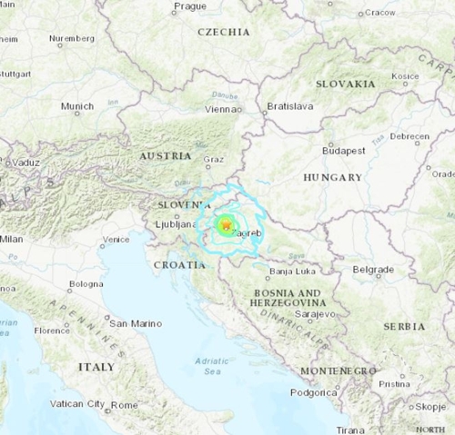 크로아티아 지진 발생 위치/ 이미지=미 지질조사국