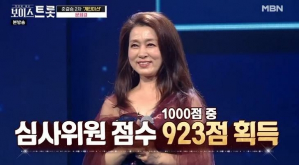 Actor Moon Hee-kyung performed an outstanding stage in MBN's'Boystrt', which aired on the 18th, and scored 923 points from the judges./Photo = MBN'Boystrot' broadcast capture