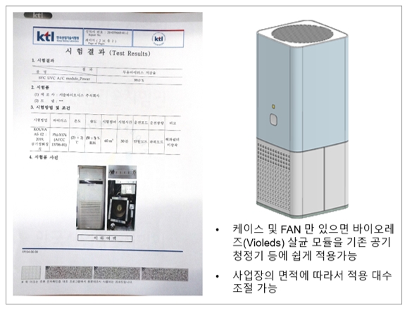 한국산업기술시험원(KTL 살균 시험 성적서, 바이오레즈 기술이 적용 가능한 독립형 공기 살균기 디자인